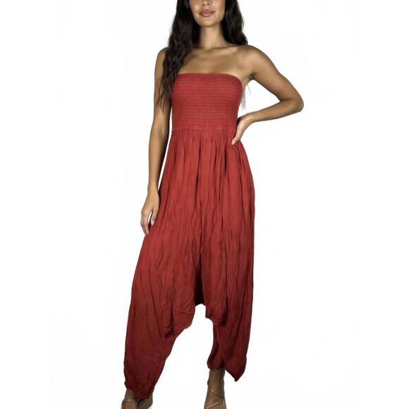 Halara Pants - NWT Halara Strapless Smocked Tube Top Harem Jumpsuit Red Size XS